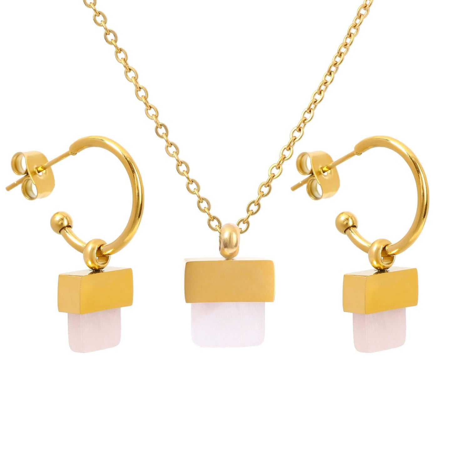 TaYolnFaSo Natural Rose Quartz Necklace and Earrings Set for Women 18K Gold Plated Rose Quartz Jewelry Set Square Gemstone Jewelry Gift