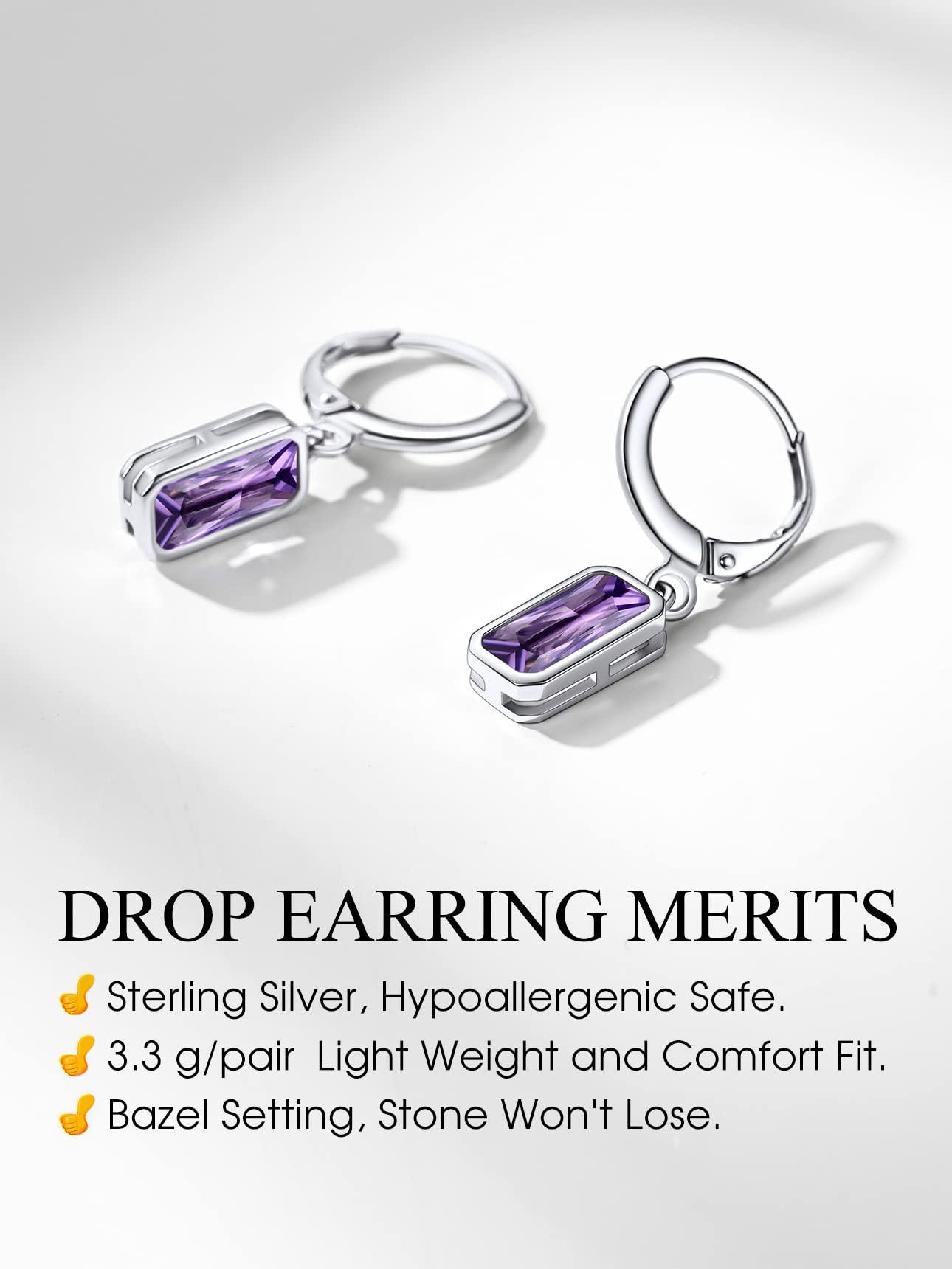 Bestyle Silver February Birthstone Dangle Earrings - Amethyst Crystal Drop Baguette Earrings for Women - Dainty Cute Small Silver Huggie Hoop Dangle Earrings for Birthday Wedding Party Gowns