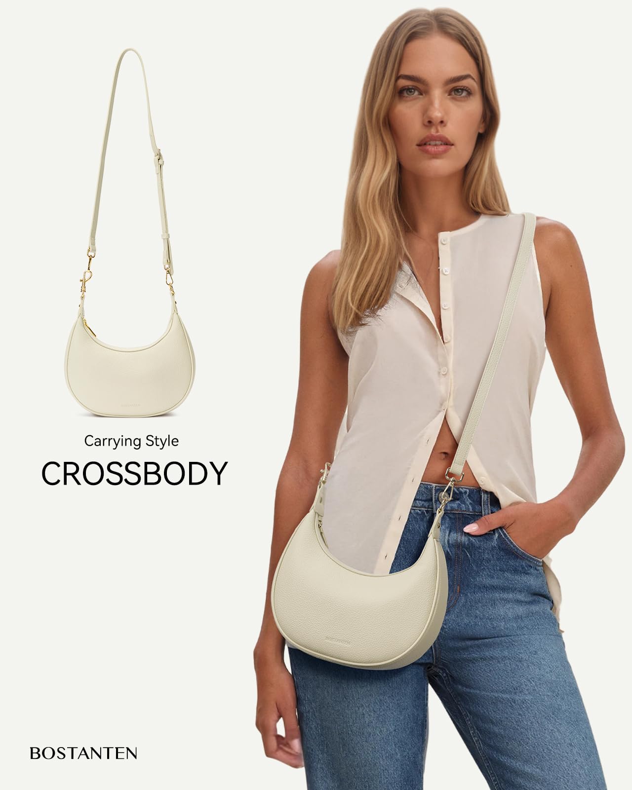 BOSTANTEN Crossbody Purse Small Crescent Shoulder Bags for Women Vegan Leather Clutch Handbag Removable Strap Beige