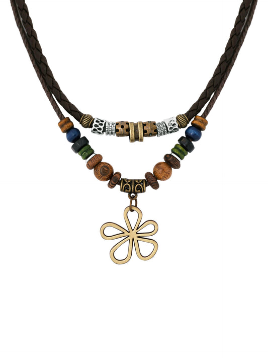MINACHI Boho Layered Wood Bead Necklace Set – Dark Cord, Mixed Beads & Antique Brass Flower Pendant, Matching Earrings Included, Bohemian Style