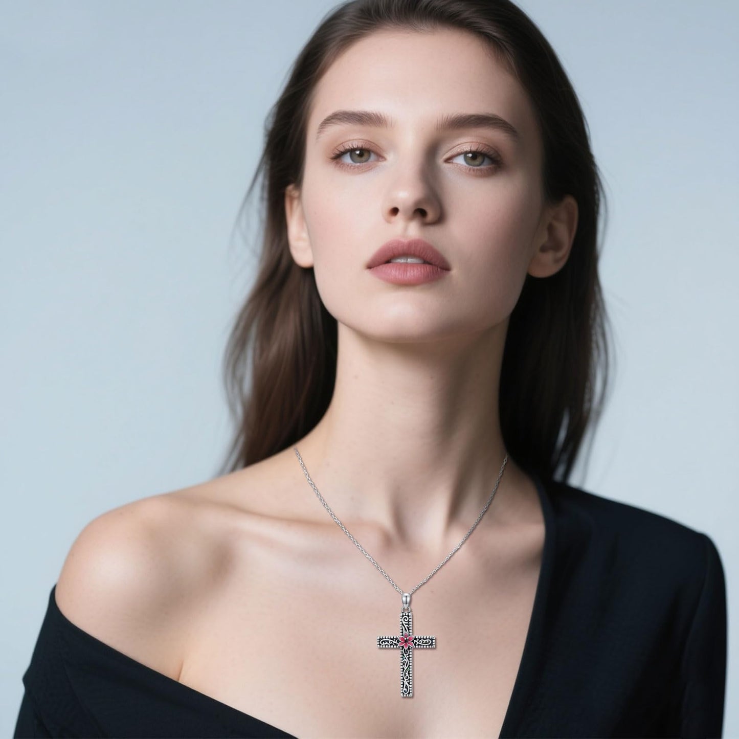 KoyeKei Lily Cross Necklace for Women 925 Sterling Silver Lily Flower Pink Filigree Necklaces Pendant Christian Faith Jewelry with Abalone Shell Gifts for Mom Lover Mothers Day Birthday Graduation