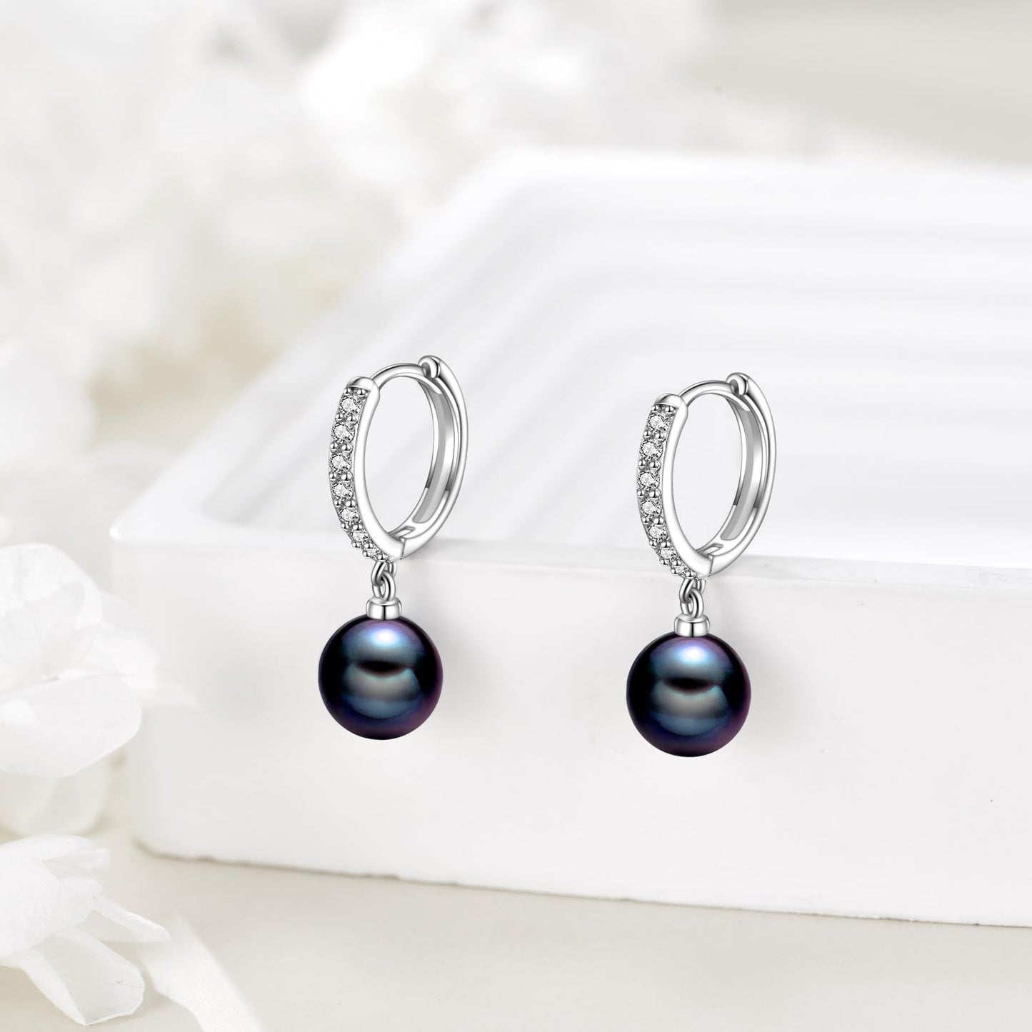 925 Sterling Silver Black Pearl Hoop Earrings Dangle Drop Jewelry Gifts for Women (Black Pearl-CZ)