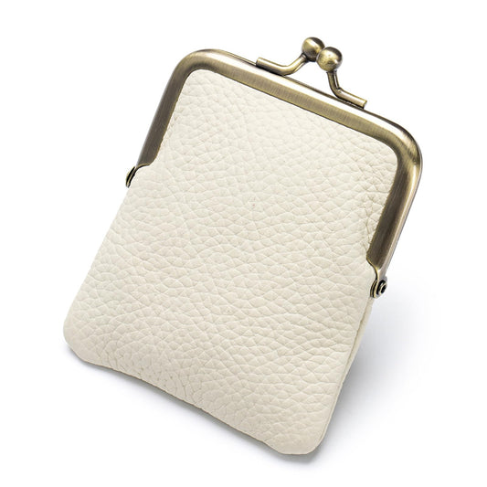 Genuine Leather Kiss Lock Coin Purse, Mini Wallet with Metal Clasp Frame, Small Change Holder，gift for women men (White)