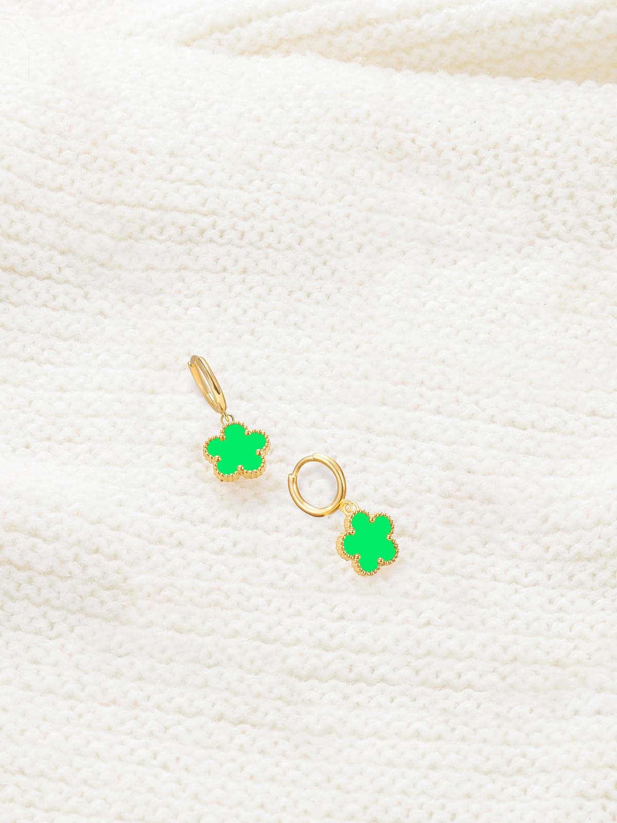 Gold Plated Five Leaf Clover Dangle Earrings for Women Lucky Flower Jewelry (Lime Green-14K Gold Plated)