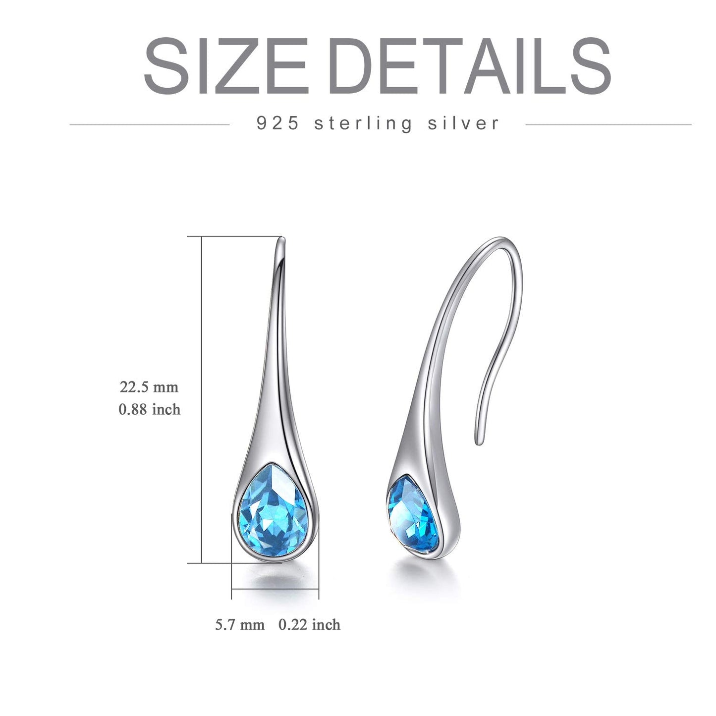 AOBOCO 925 Sterling Silver Small Pear-Shaped Modern Style Hook Dangle Drop Earrings for Women Crystals from Austria (Simulated Aquamarine)