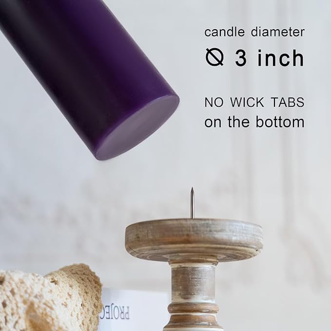 MOZEAL 3" x 8" Hand-Poured Unscented Candles,Large Dark Purple Pillar Candles Set of 2,No Drip,Approx 120 Hours Long Burning,Wedding,Dinner,Christmas and Home Decor（3 Inch Diameter 8 Inch Height）