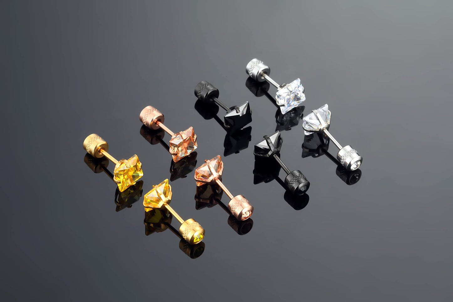 Hopply 4 Pairs Titanium Screw Back Surgical Stainless Steel Earrings for Women Men,Rainbow 5A Cubic Zirconia Studs Double Side Earrings Piercing Sleeper Jewelry 6mm (B-4 Packs Square CZ)