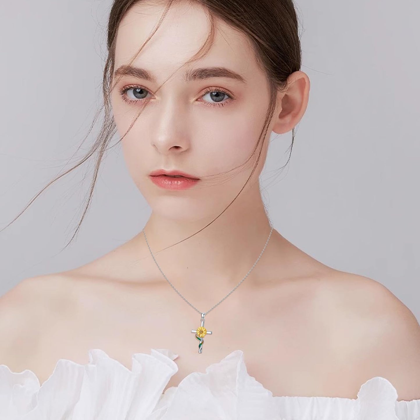 Silikepa Sunflower Necklace for Women 925 Sterling Silver Sunflower Cross Pendant Necklace Christian Jewelry Gift for Women