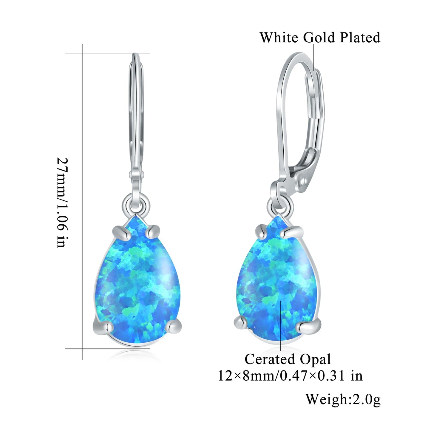 CiNily Teardrop Leverback Dangle Earrings for Women Hypoallergenic Blue Opal Pendant Drop Earrings 14K White Gold Plated Hanging Lever Earrings Fashion Graduation Jewelry Gifts