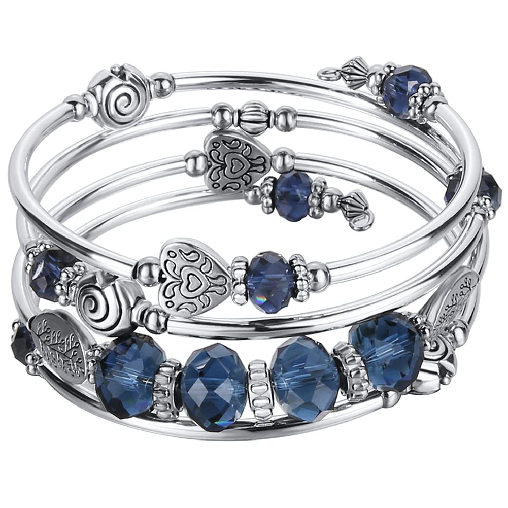PEARL&CLUB Bead Crystal Wrap Bangle Bracelet - Fashion Jewelry Beaded Bracelet with Silver Metal, Gifts for Women(23-Navy Blue)