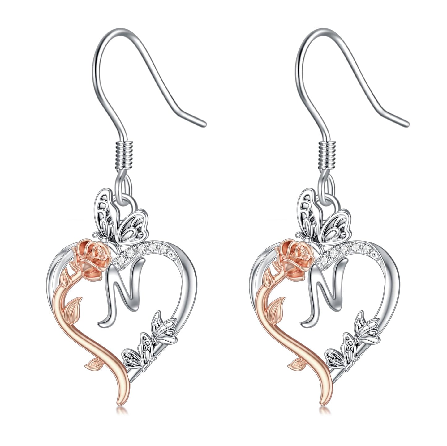 TOUPOP Rose Heart Initial Earrings Sterling Silver Butterfly Earring Initial N Letter Drop Dangle Earrings Jewelry Anniversary Birthday Mothers Day Gifts for Women Mom Wife Girlfriend Her
