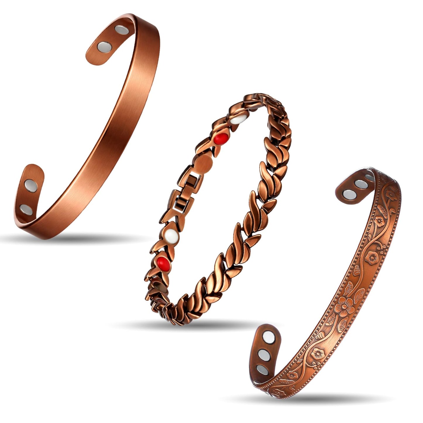 Misdary 3 Pcs Copper Magnetic Bracelets for Women Ultra Strength Magnetic Bracelet with Magnets Natural Turquoise Stones Adjustable Jewelry Gift (Pure Copper)