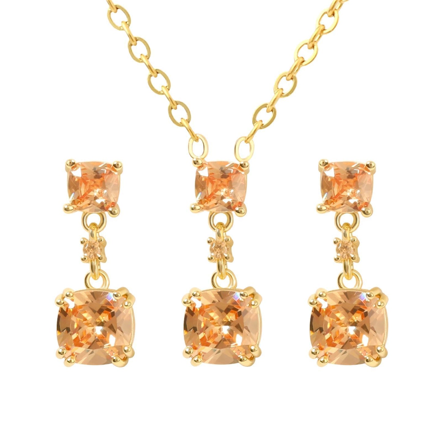 TaYolnFaSo Champagne Cubic Zirconia Jewelry Sets for Women 14k Gold Plated Cushion-Cut Necklace Earring Set Jewelry Birthday Gifts for Mother