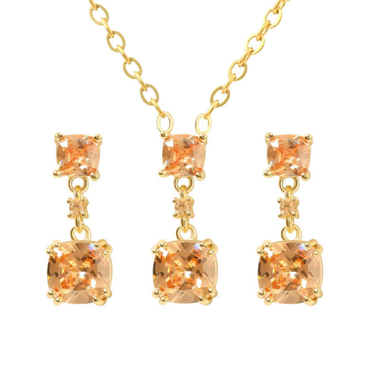 TaYolnFaSo Champagne Cubic Zirconia Jewelry Sets for Women 14k Gold Plated Cushion-Cut Necklace Earring Set Jewelry Birthday Gifts for Mother