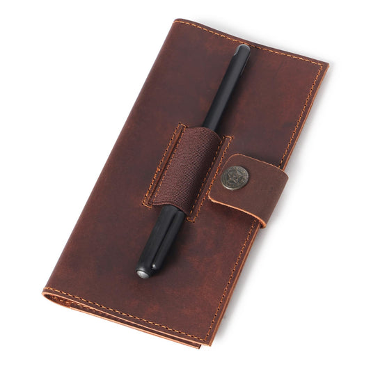 Brown Leather Checkbook Cover for Men & Women, Full Grain Check Book Wallet with Pen Holder, Fits Personal & Duplicate Checks, Slim Money Organizer Case, Durable Leather Checkbook Holder 7x3.75 Inches