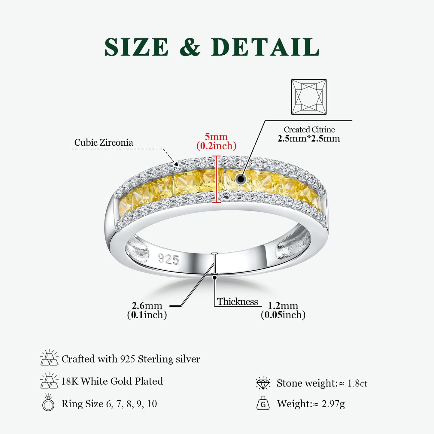 RANDES Citrine Yellow Rings for Women Channel Set Emerald Cut Eternity Band 925 Sterling Silver November Birthstone Rings Size 8