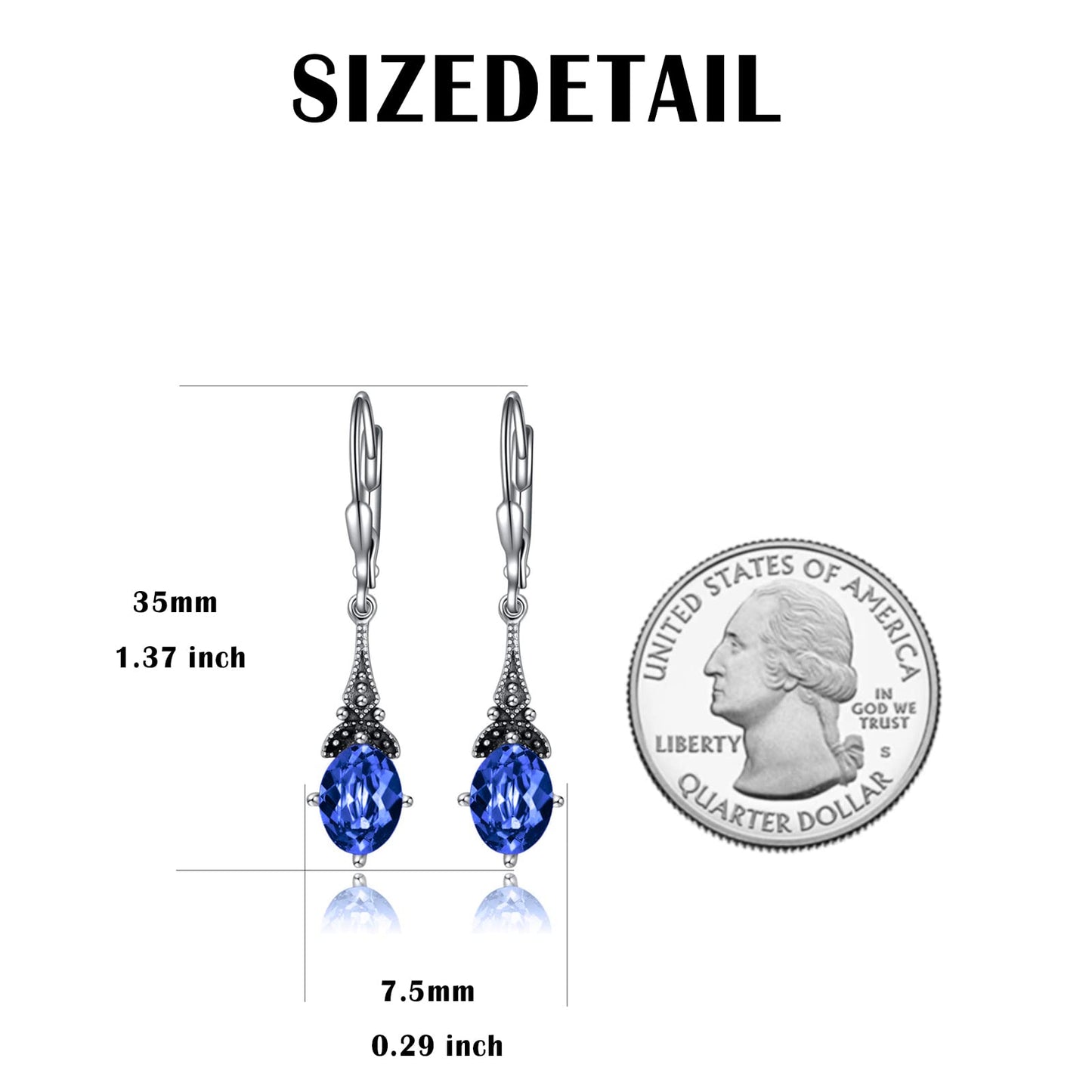 Sapphire Blue Vintage Leverback Earrings Sterling Silver Retro Drop Earrings with Oval Simulated September Birthstone Crystal from Austria, Birthday Jewelry Gifts for Women