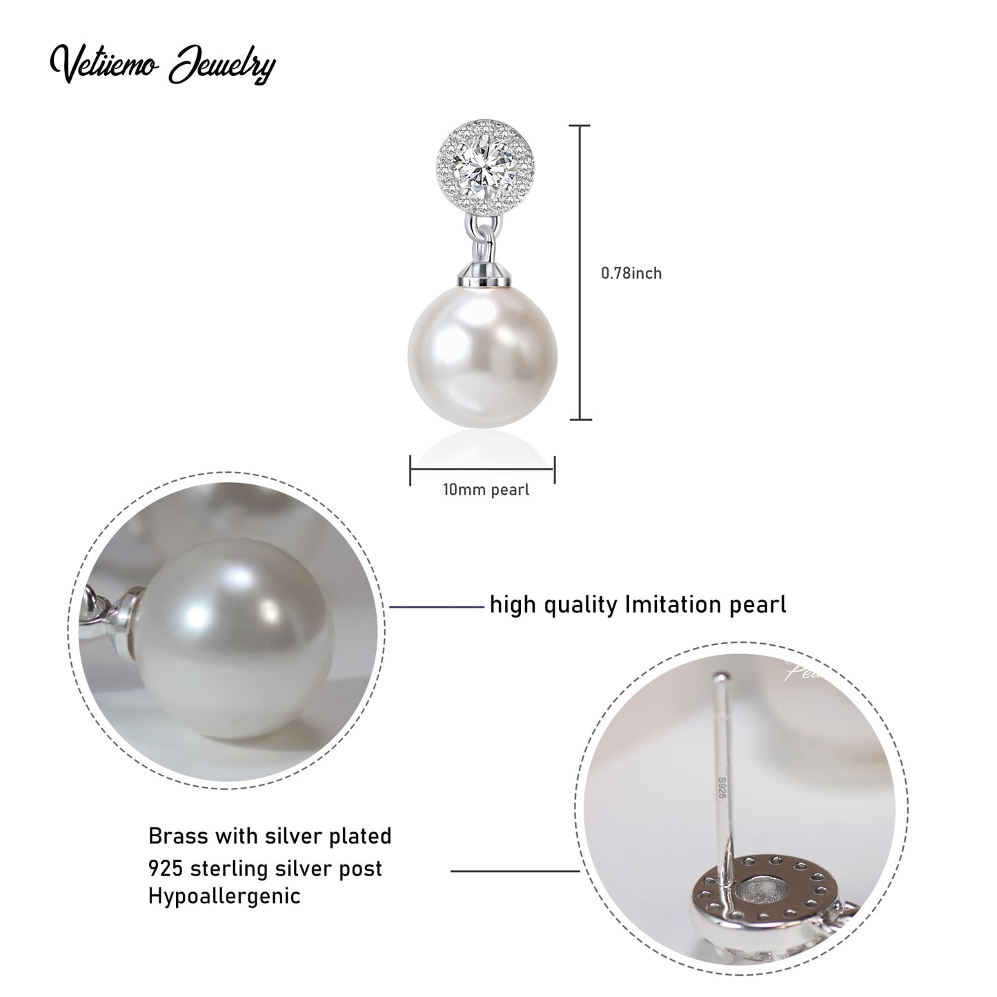 Elegant Imitation Diamond Pearl Drop Earrings Bride Bridesmiad Dangle Pearl Earrings for Women Wedding Party Everyday Wear (White)