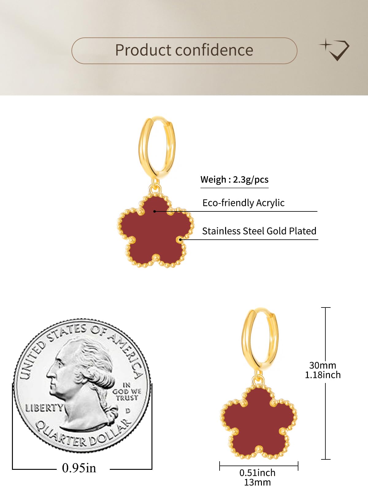 Gold Plated Five Leaf Clover Dangle Earrings for Women Lucky Flower Jewelry (Burgundy-14K Gold Plated)