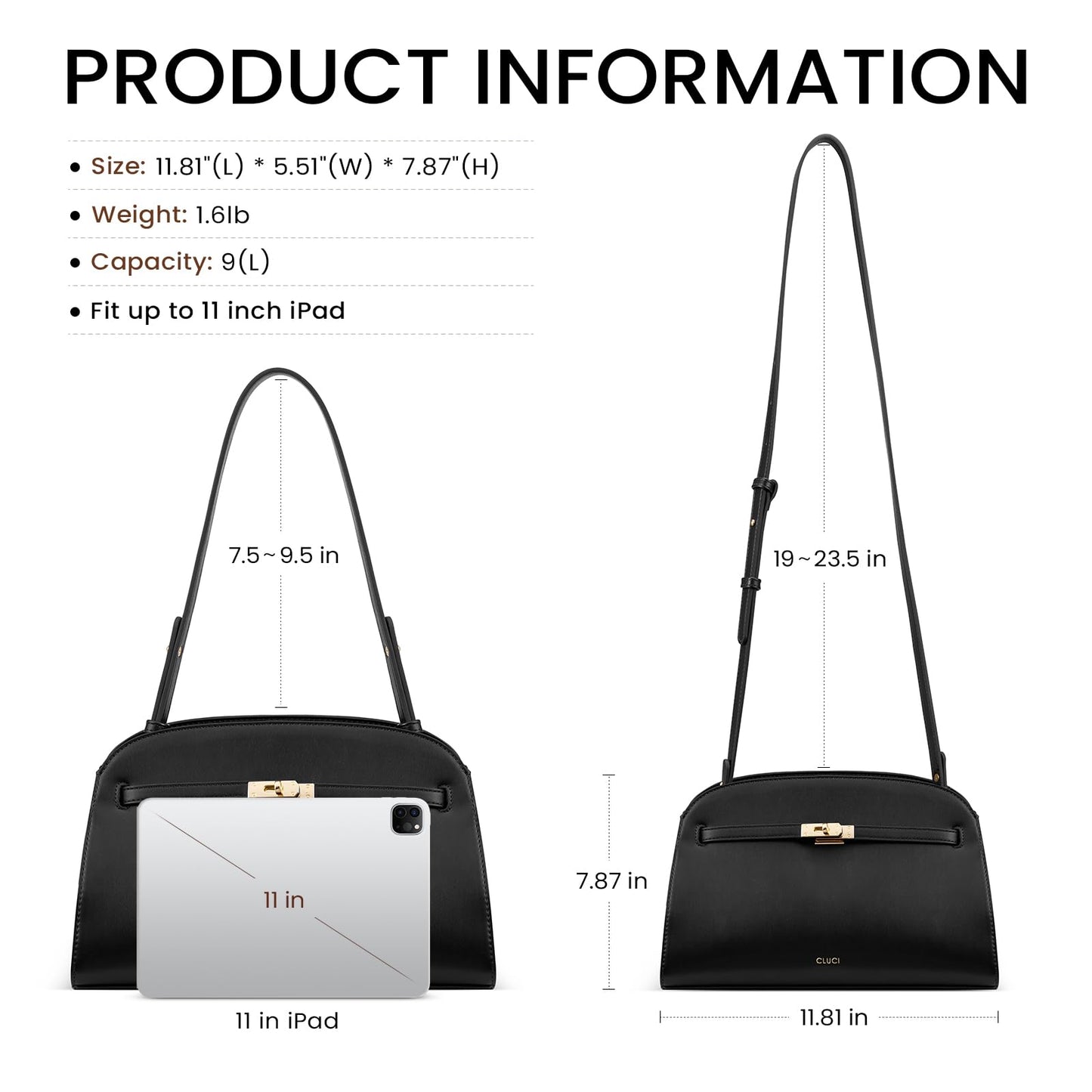 CLUCI Purses for Women, Water Repellent Shoulder Handbags with 2 Adjustable Straps, Vegan Leather Crossbody Bag Black