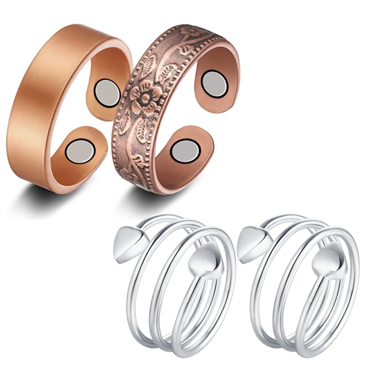 Jecanori 4PCS Copper Magnetic Rings for Women Men Magnetic Therapy for Arthritis Pain Relief Pure Copper Ring with 3500 Gauss Magnet,Lymphatic Drainage Therapeutic Magnetic Ring
