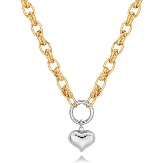 CANEVINKA 18K Gold Plated Chunky Two Tone Necklace for Women Gold and Silver Puffy Heart Necklaces Vintage Statement Jewelry