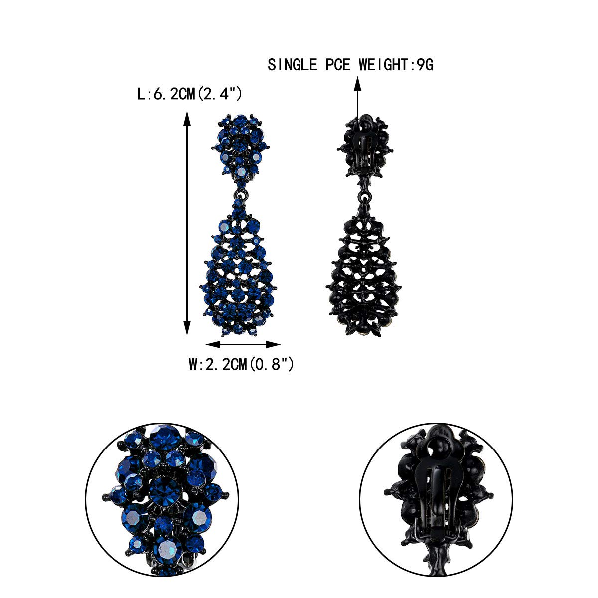 EVER FAITH Women's Jewelry Crystal Hollow-out Teardrop Vintage Inspired Dangle Clip-on Earrings Navy Blue Black-Tone