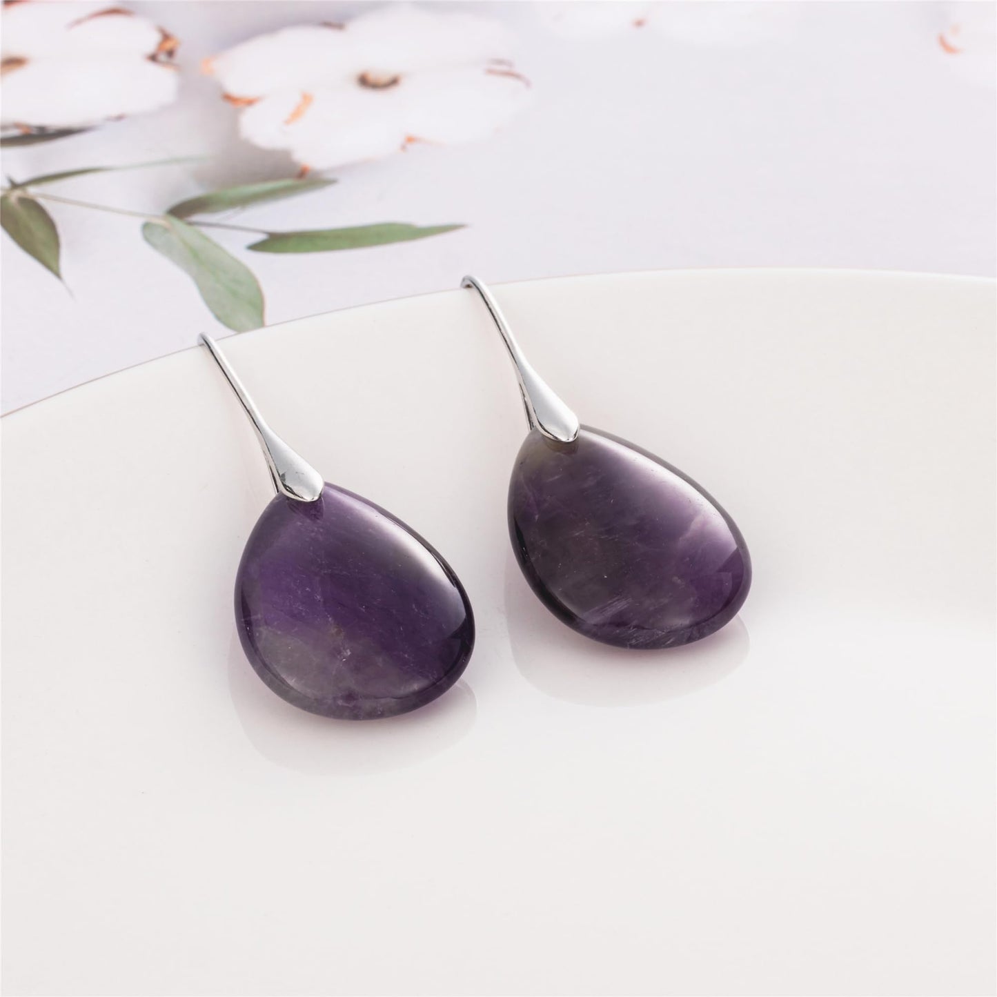 SELOVO Purple Teardrop Agate Stone Fishhook Red Stone Dangle Drop Earrings Silver Tone