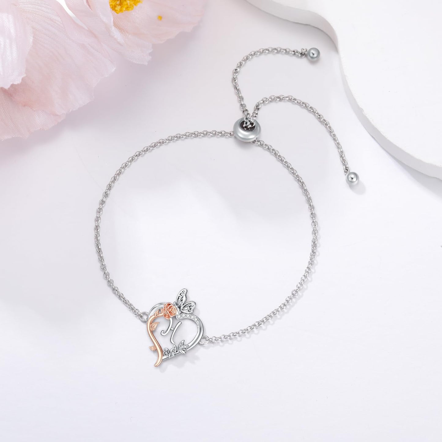 TOUPOP Rose Heart Bracelet for Women Sterling Silver Heart Initial H Letter Bracelet Butterfly Love Jewelry Anniversary Birthday Mothers Day Gifts for Mom Wife Her Girlfriend