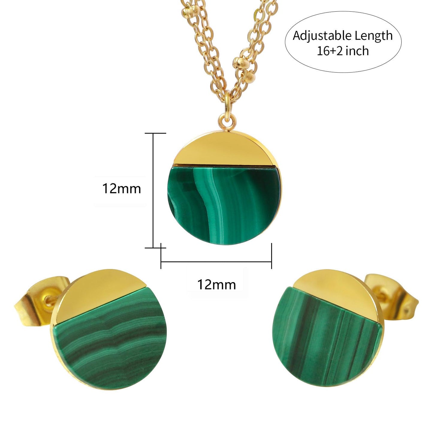 TaYolnFaSo Natural Malachite Jewelry Set for Women 18K Gold Plated Malachite Stud Earrings Double Chain Necklace Set Dainty Jewelry Gift