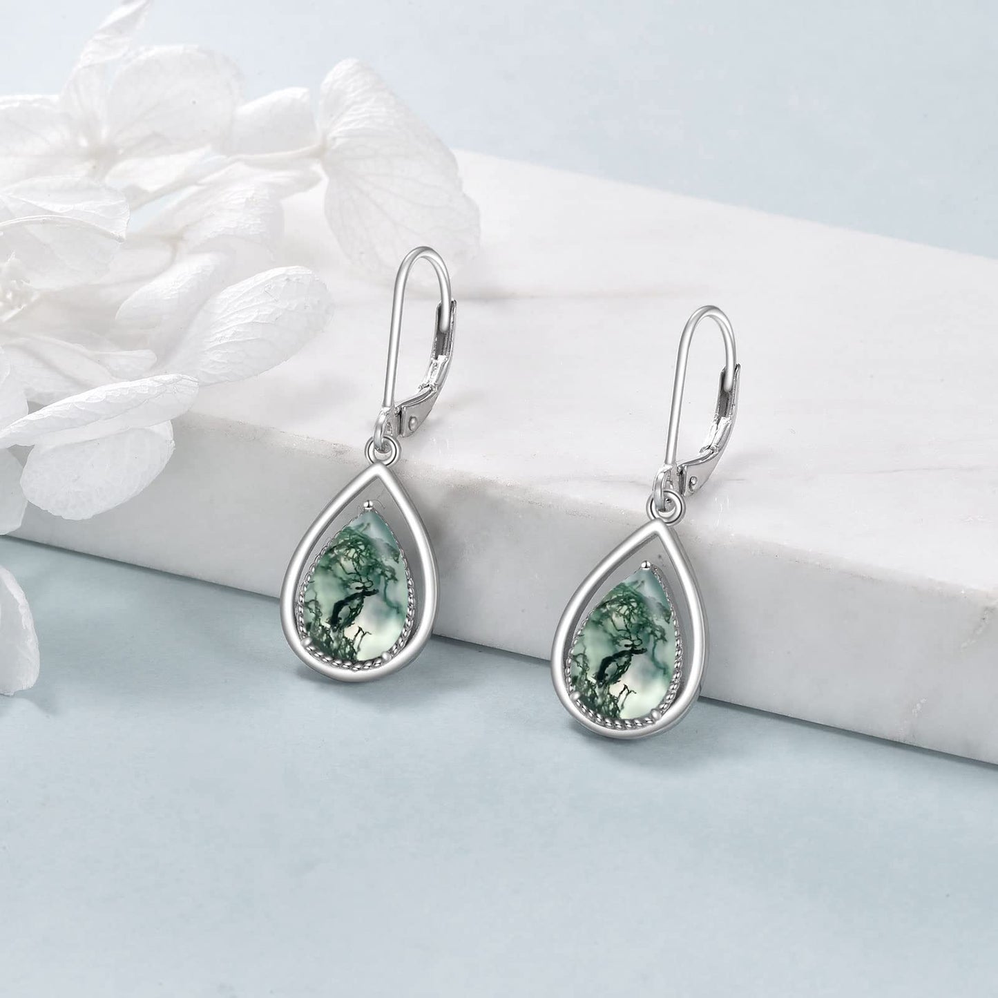 VONALA Moss Agate Earrings 925 Sterling Silver Agate Moss Teardrop Leverback Drop Dangle Earrings Jewelry Gifts