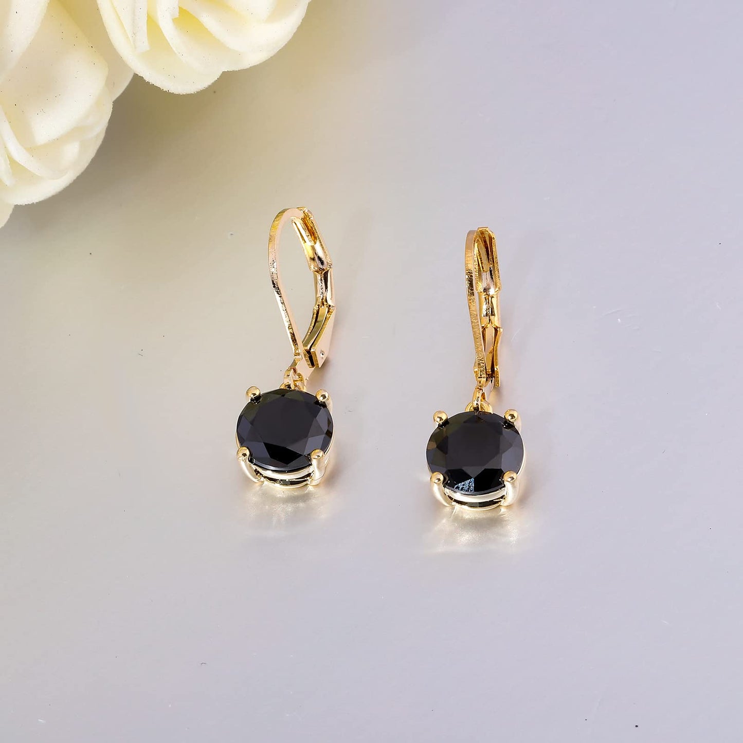 CiNily Leverback Dangle Earrings Created Black Crystal Drop Earrings 14K Gold Plated Jewelry for Women 8 mm
