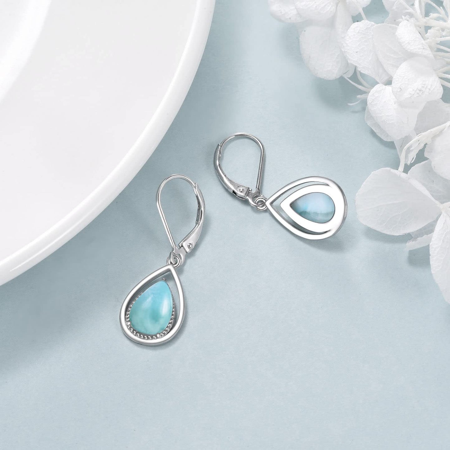 VONALA Larimar Earrings 925 Sterling Silver Blue Larimar Teardrop Dangle Dangling Leverback Earrings Birthday Christmas Jewelry for Women