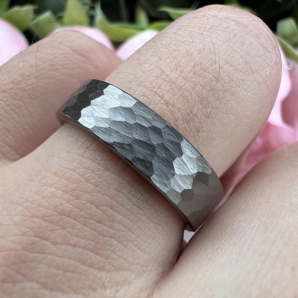 TUTISS 6mm Gunmetal Hammered Tungsten Rings for Men Women Fashion Engagement Wedding Bands Pipe Cut Matte Finish Comfort Fit Size 10