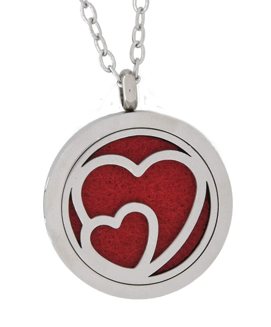 Aromatherapy Essential Oil Diffuser Stainless Steel 30MM Silver Magnetic Locket Pendant 2 Sizes Chain Necklace, Refill Pads & Diffuser Bracelet in a Velvet Bag (Double Heart)