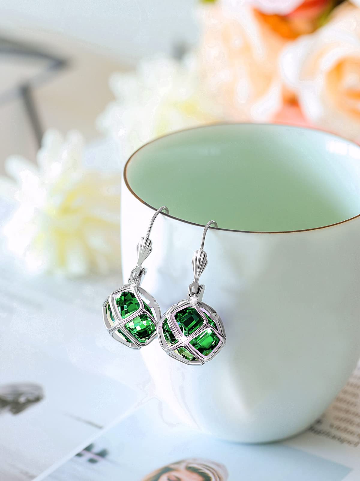 Big Dark Green Crystal Dangle Earrings for Women (May-Emerald-White Gold)