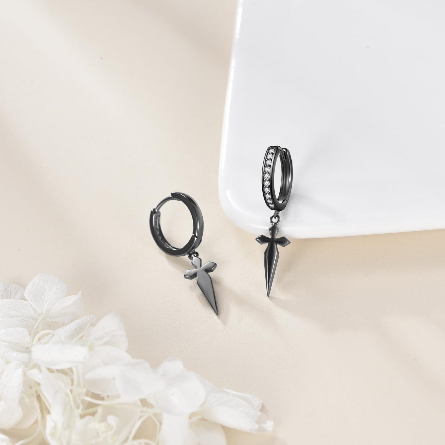 925 Sterling Silver Black Cross Hoop Earrings Dangle Drop Earrings Huggie Gothic Jewelry Birthday Gifts for Women Men (Black Cross Cubic Zirconia)