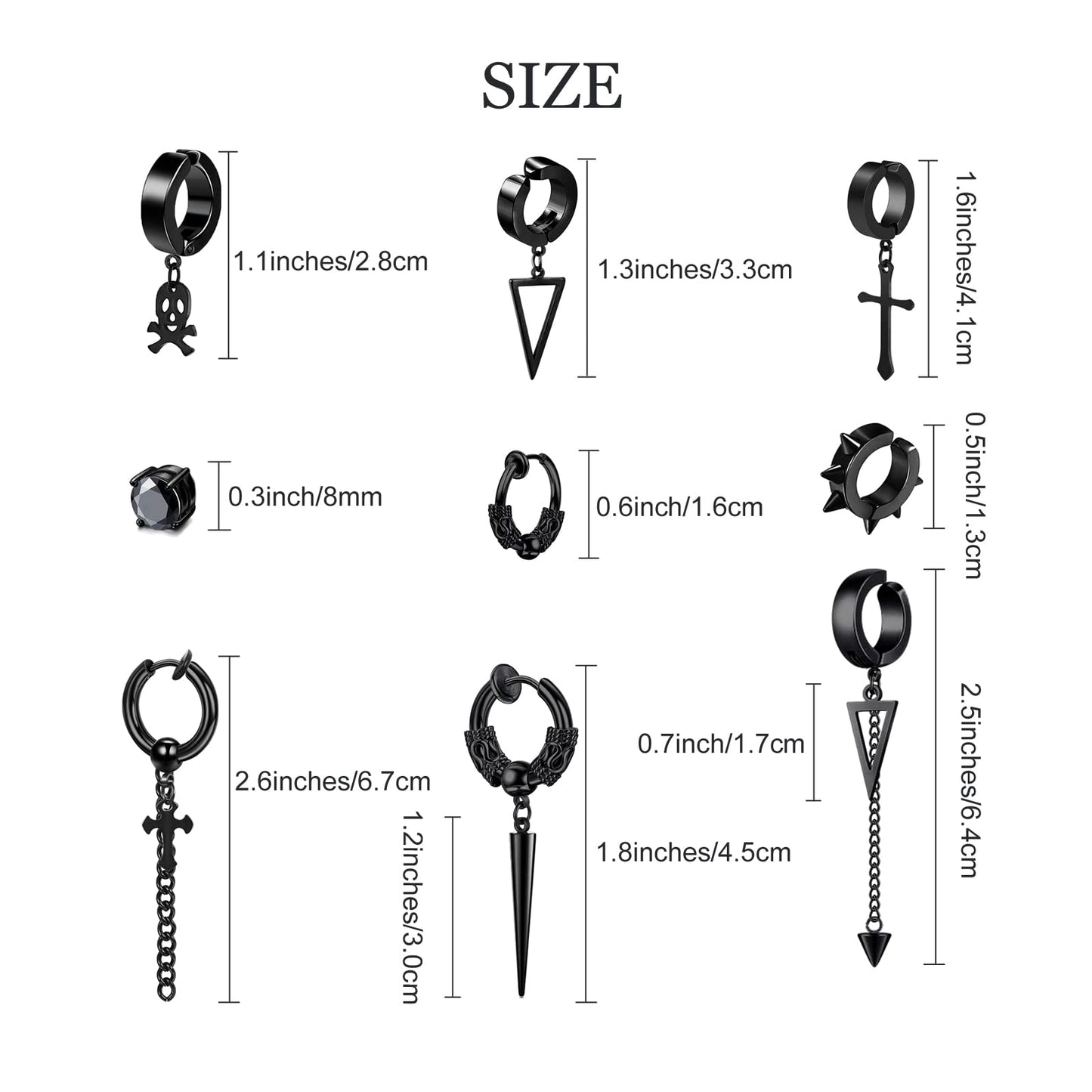14 Pcs Black Punk Stainless Steel Fake Piercing Cross Dagger Sword Spike Rivet Triangle Dangle Tassel Clip on Hoop Earrings Set for Women Men, Non Pierced Fake CZ Stud Earrings