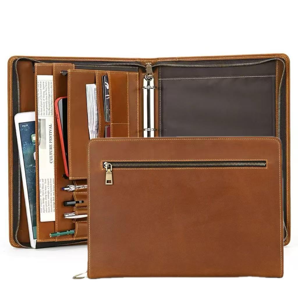 UPRESYE Zippered Padfolio Organizer, Leather Planner Binder, 12.9 Inch Portfolio Folder for Documents, Letter Size Business Card Tablet Document Holder for Men&Women, Brown