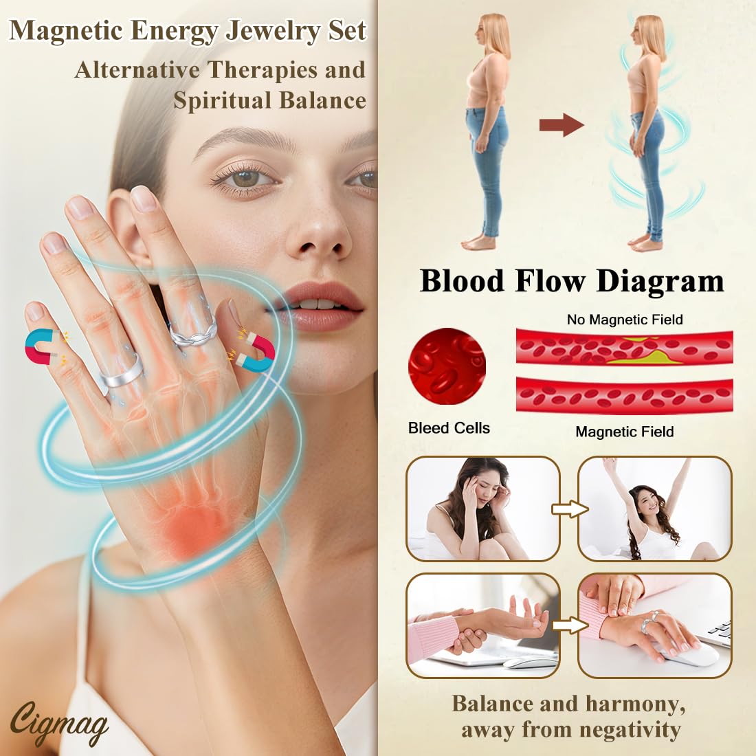 Cigmag 9X Copper Rings for Women, with Powerful Magnets, Adjustable Solid Pure Copper (Silver Matte & Fishtail)