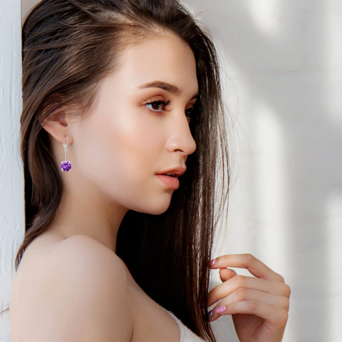 VONSSY Gemstone Drop Dangle Earrings | Platinum /Gold Plated Leverback Crystal Cubic Zirconia Hanging Red /Pink/Blue Earrings (Purple-Platinum)