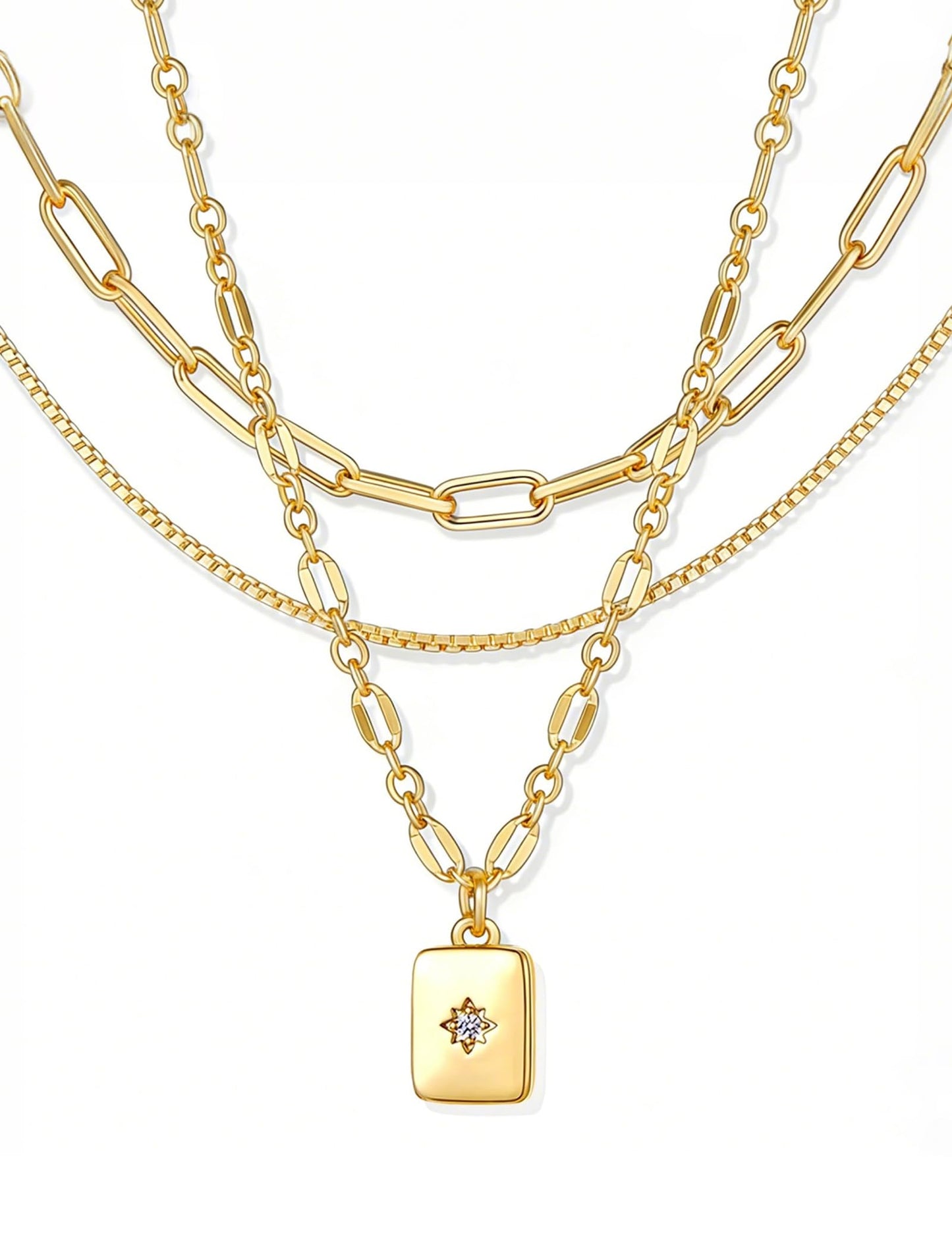 YEEZII Layered Gold Necklaces for Women Trendy, 14K Gold Plated Choker Paperclip Box Chain Necklace, Stackable Women's Gold Pendant Necklaces Jewelry Set