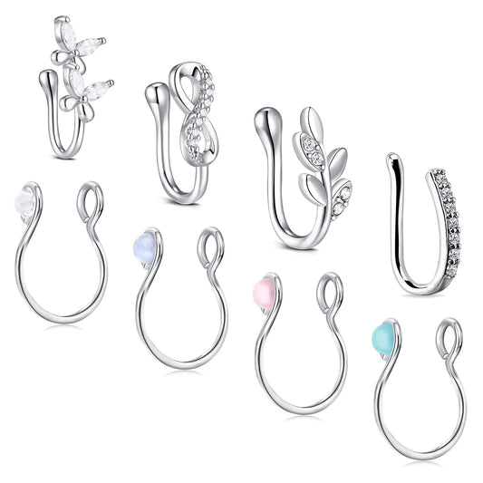 JFORYOU Nose Rings Fake 8Pcs Stainless Steel Inlaid CZ Faux Piercing Jewelry Fake Nose Ring Clip on Circle Hoop No Pierced Nose Ring Jewelry for Women Men