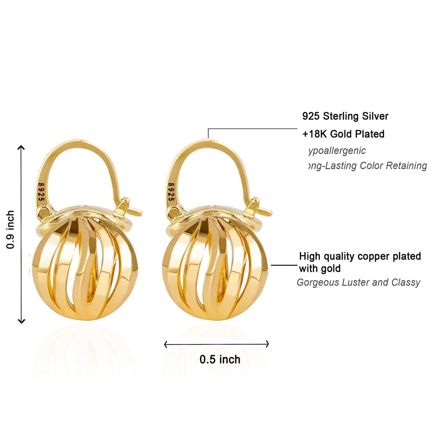 OwMell Elegant 925 Sterling Silver Pearl Drop Earrings Dangle Stud Silver Plated Earrings for Women Large Size 12mm - Hollowed Ball Gold