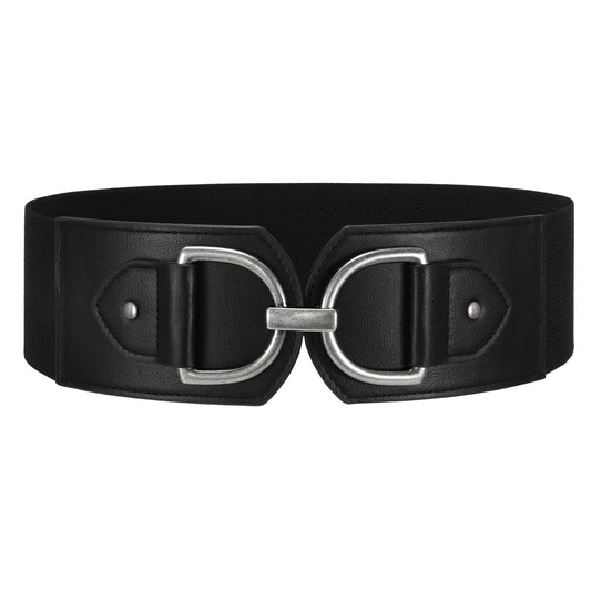 WERFORU Women Elastic Wide Waist Belts for Dresses Fashion Wide Stretchy Belts for Women Big Gold Buckle Thick Dress Belt, Black-silver buckle, M: Fit Waist Size 32"-35"