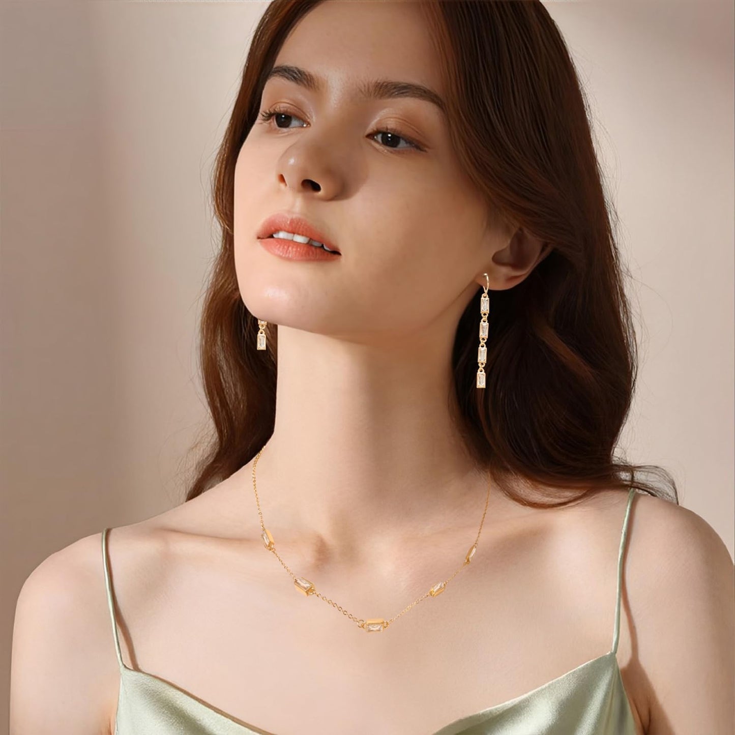 TaYolnFaSo White Emerald Cut Jewelry Set for Women Cubic Zirconia Necklace Dangle Earrings Bracelet Anklet Set CZ Birthstone Jewelry Gift for Women Wedding Prom Birthday Party