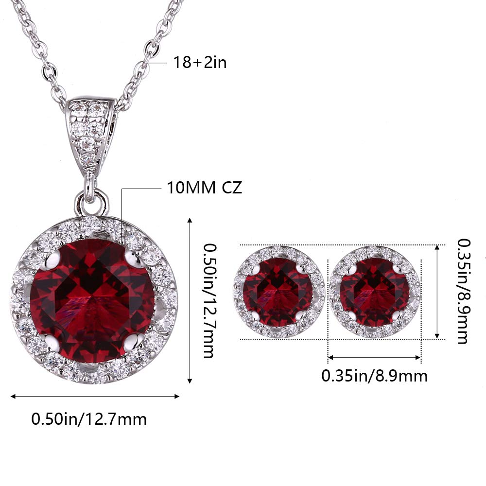 Crystal Jewelry Set for Women Elegant Sterling Silver Round Red Cubic Zirconia Rhinestone Necklace Halo Stud Earrings Set Wedding Party Ruby Birthstone Fashion Jewelry Set Birthday jewelry Accessories
