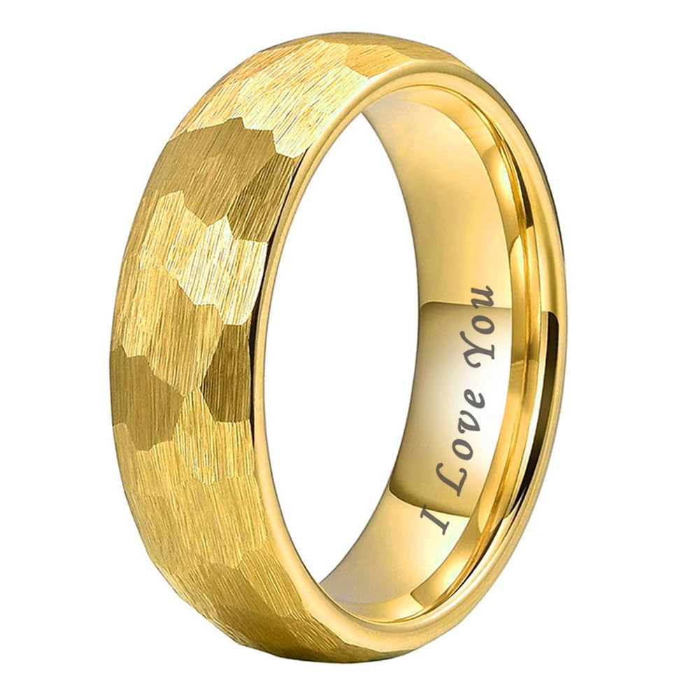 TUTISS 6mm Gold Hammered Tungsten Rings for Men Women Engagement Wedding Bands Domed I Love You Engraved Comfort Fit Size 5