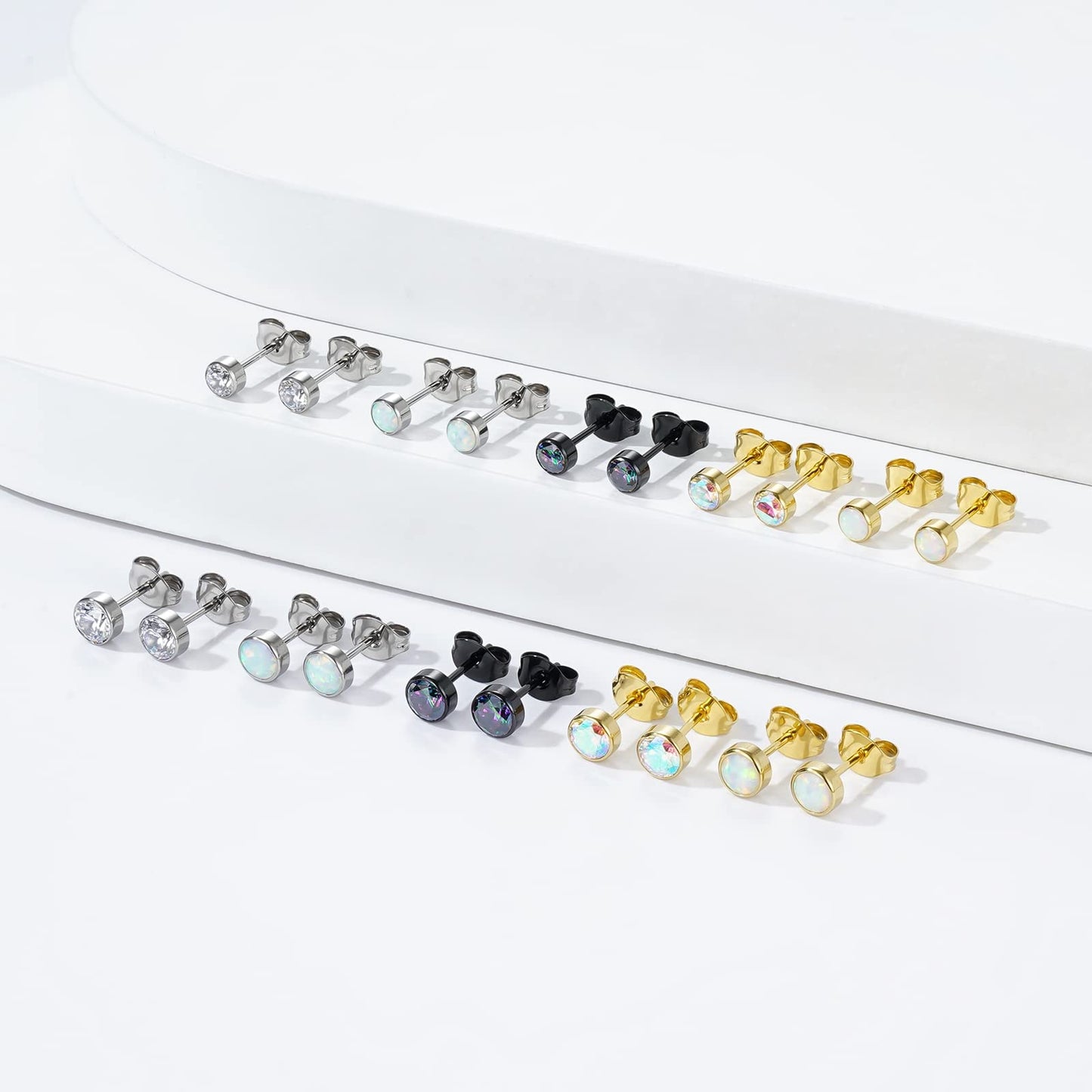 1 Pair Implant Grade Titanium Stud Earrings Set Hypoallergenic 3mm 4mm 5mm 6mm Cubic Zirconia G23 Titanium Earring Studs for Women Men for Sensitive Ear (5mm bezel black VM)