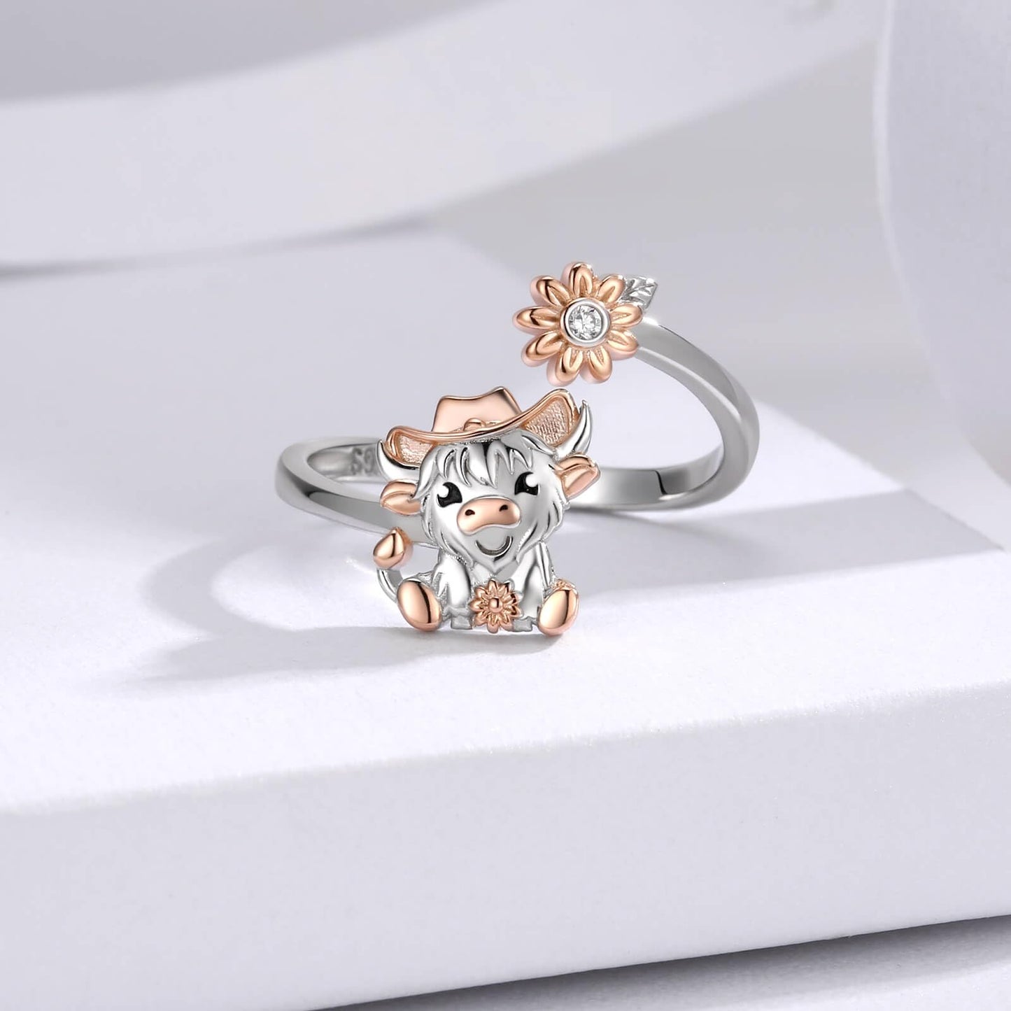 Zepmais 925 Sterling Silver Animal Ring - Adjustable Open Owl Axolotl Rings with Heart Cubic Zirconia Opal Cute Animals Jewelry Gifts for Women (Highland Cow)